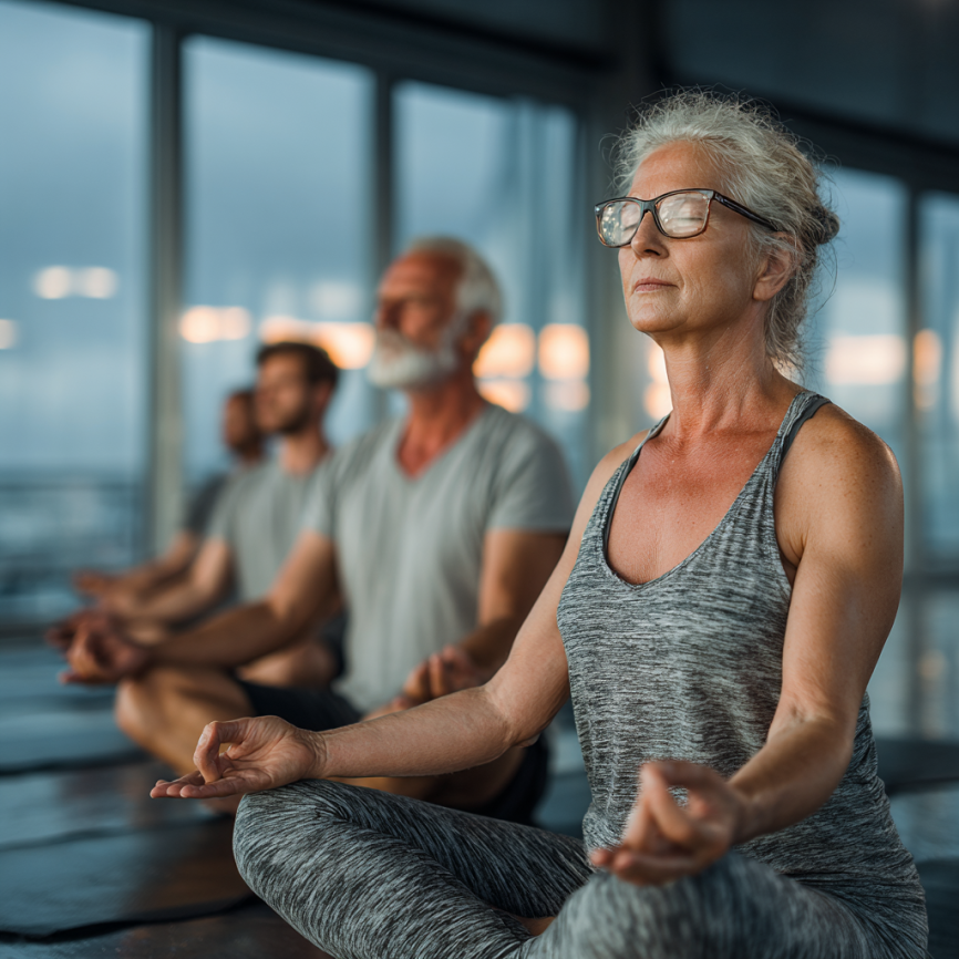 Seniori practicând yoga în aer liber